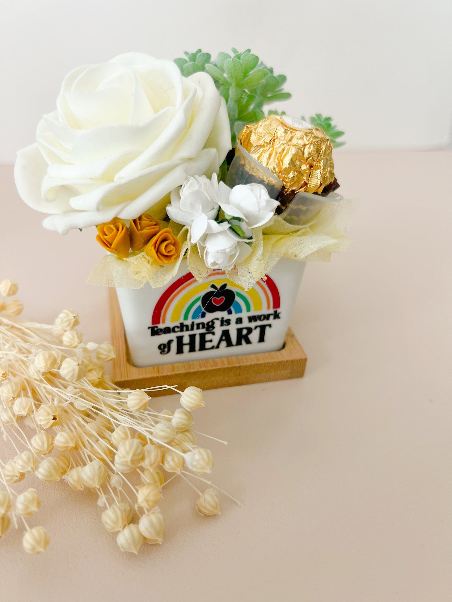 SFArtcreations box Teaching is a work of HEART. Teacher Edible Keep Sake - Mini Chocolate Bouquet (Square Pot)