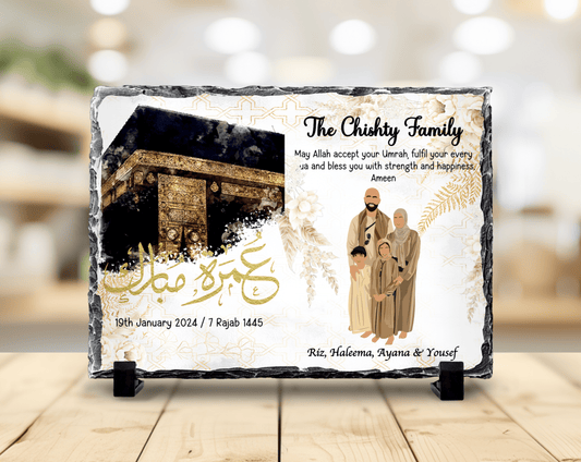 SFArtcreations Decor 13.5x23.5 cm (Medium Rectangle) / Design 2 (Kabaa only) / Slate (Solid Background) Faceless Umrah / Hajj Mubarak Gift with Personalized Names - Slate/Acrylic