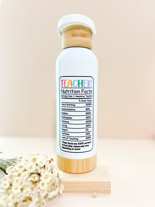SFArtcreations Drinkware White / Floral Rainbow Personalized Teacher Bottle with Bamboo lid & Handle - Teacher Nutrition Facts