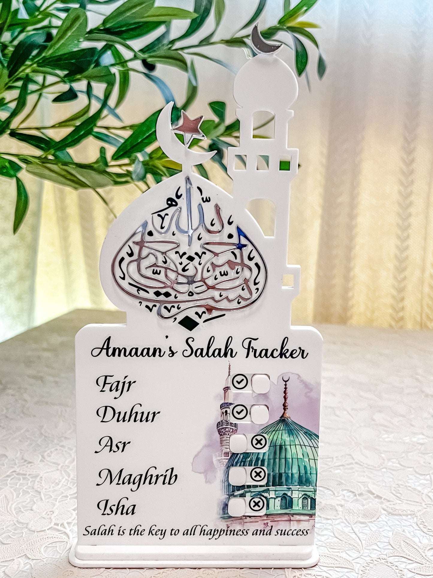 SFArtcreations Educational Flash Cards Single name tracker / Acrylic - Masjid Nabawi (UV Printed) Salah Tracker - Best Seller
