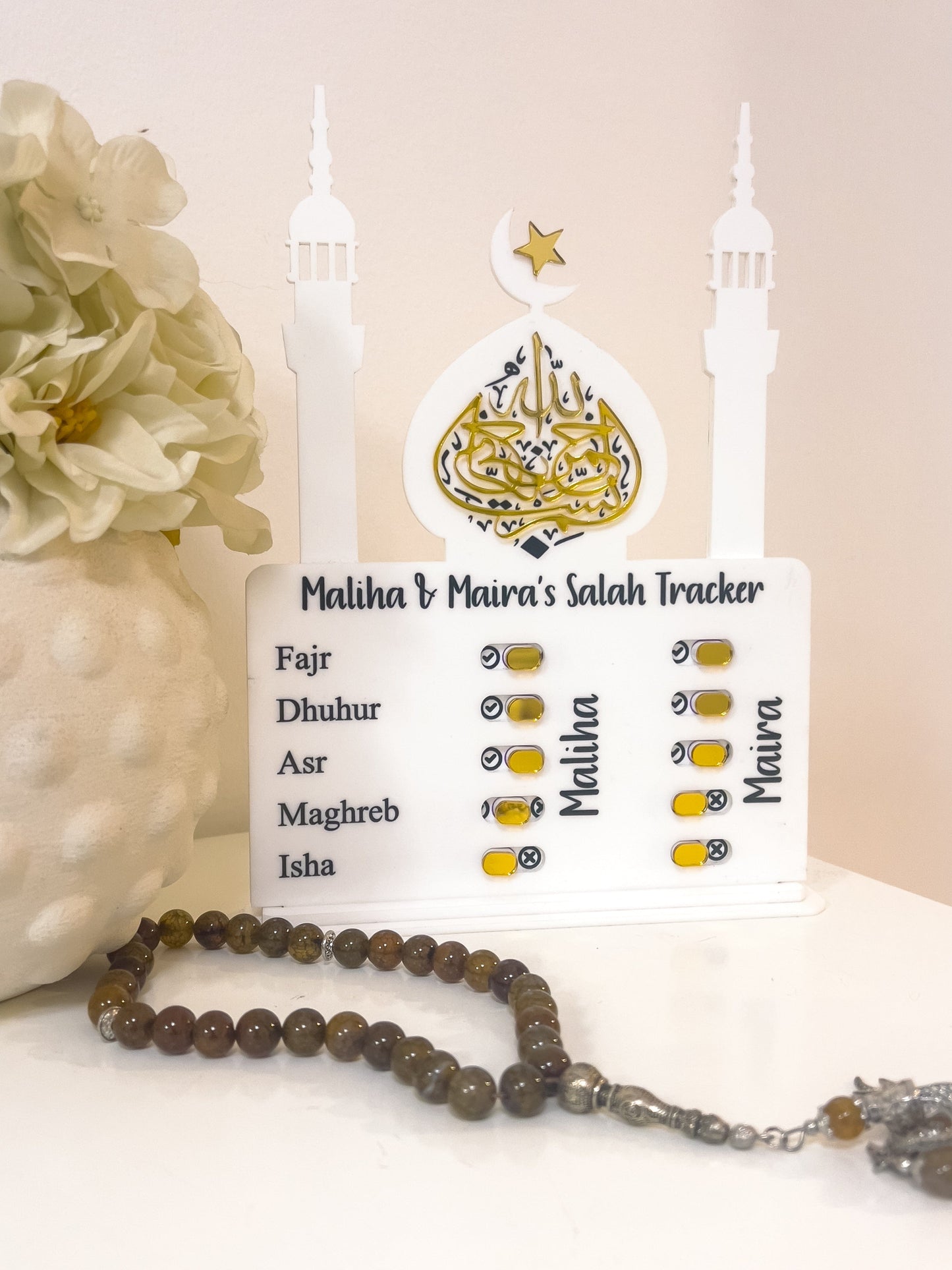 SFArtcreations Educational Flash Cards 4 Names (Name - Horizontal Style) / Acrylic - Plain White (UV Printed) Salah Tracker - Best Seller