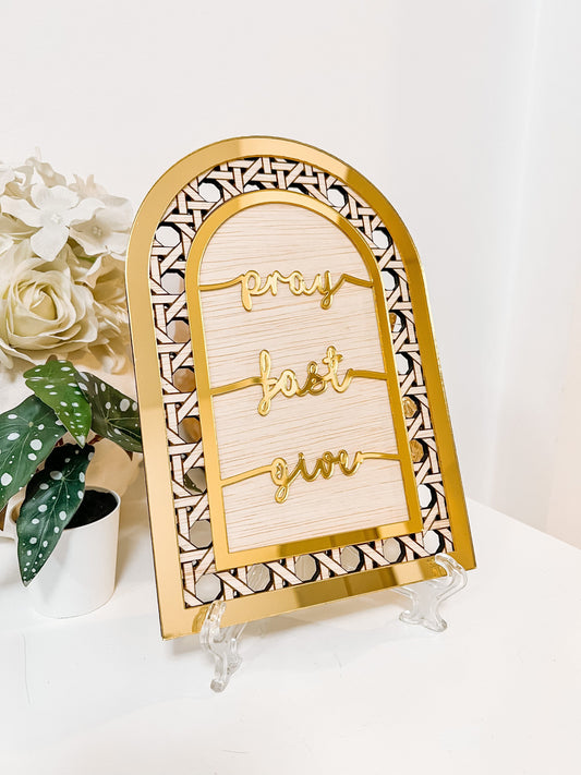 SFArtcreations Picture Frames Gold Wood (Mirror Acrylic) Ramadan Table Decor (Rattan Arch - Pray, Fast & Give) - Best Seller