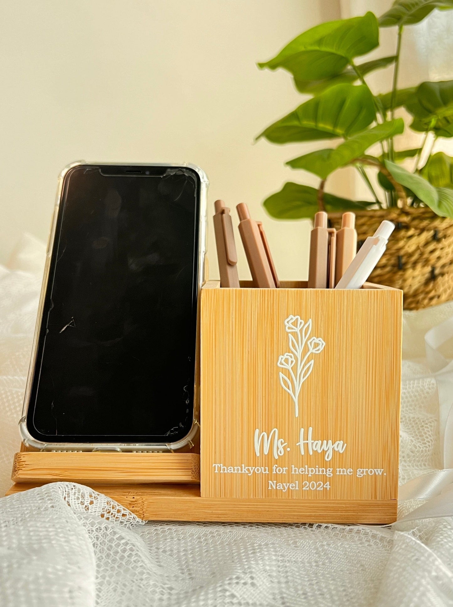 SFArtcreations Stationery 2024 Bamboo Pen Holder with 10W Wireless Charger