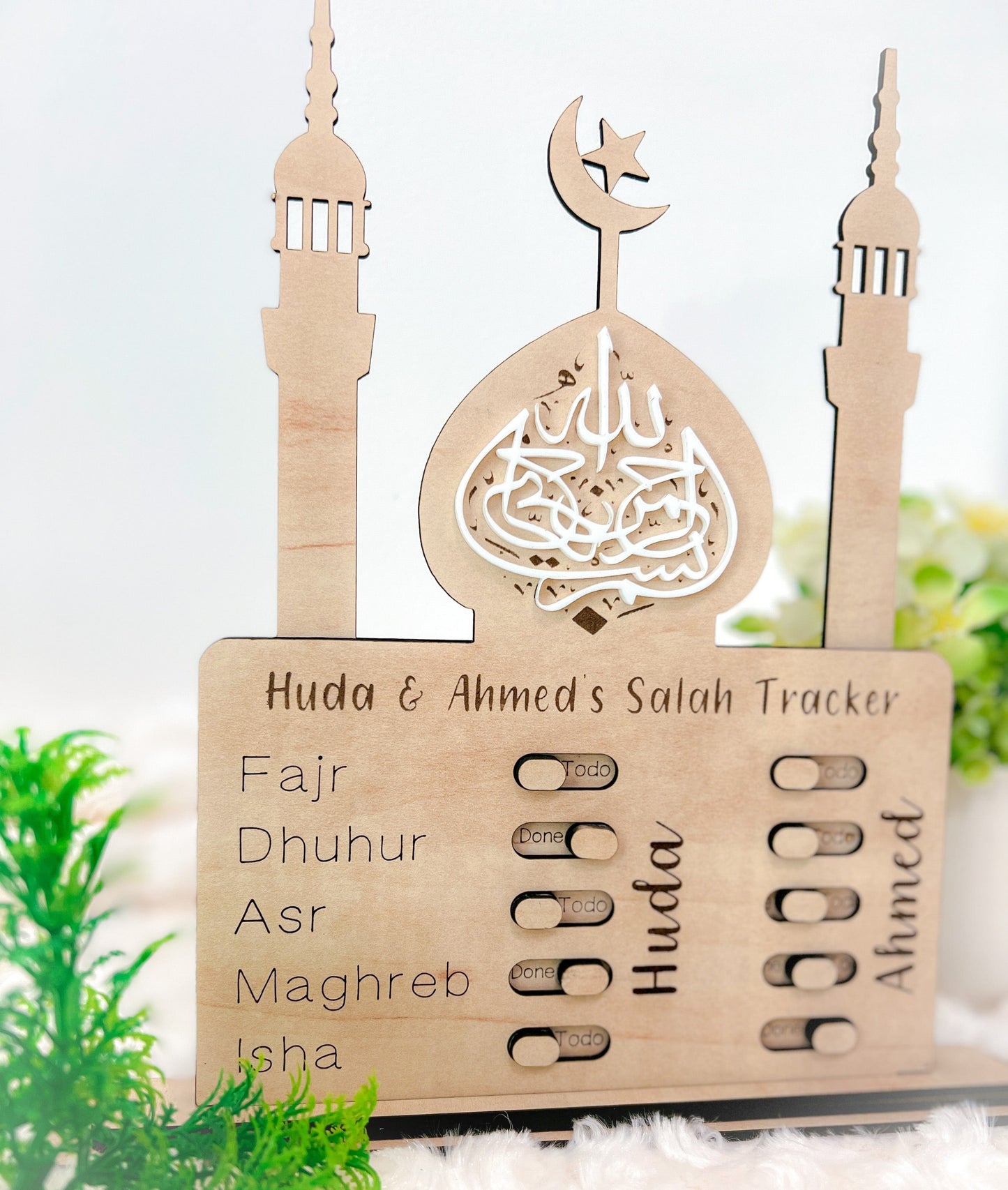 SFArtcreations Educational Flash Cards Double toggle tracker (Name - Verticle Style) / White (Paper overlay MDFboard) Salah Tracker