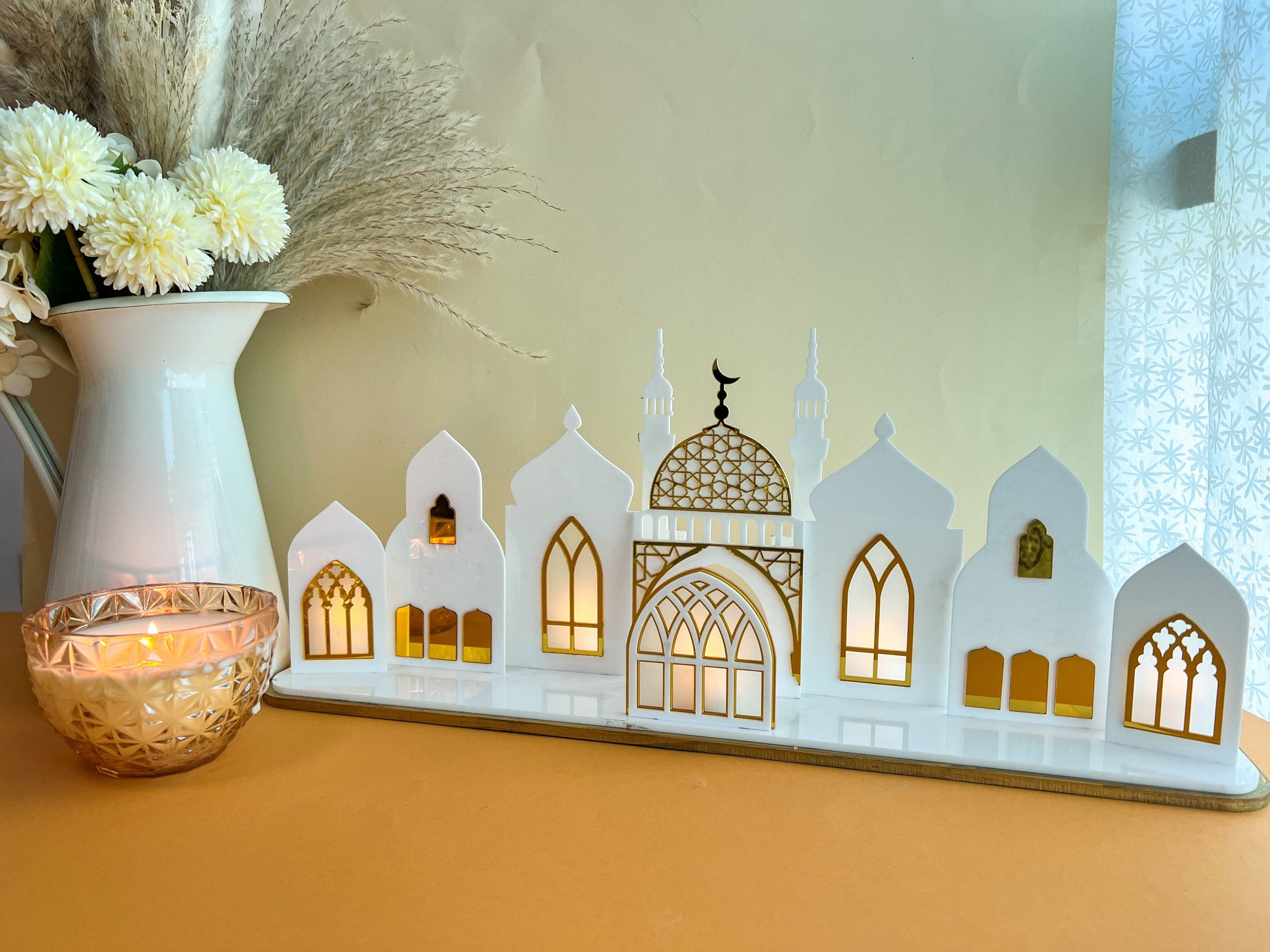 SFArtcreations Decor New Version (with Frost Window) / Without Tea light Base / White Silver 3D Mosque Display Stand - Best Seller