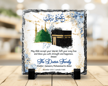 SFArtcreations Decor 15x15 cm(Medium Square) / Design 1 (Kabaa & Madinal) Umrah / Hajj Mubarak Gift with Personalized Names - Slate Stand