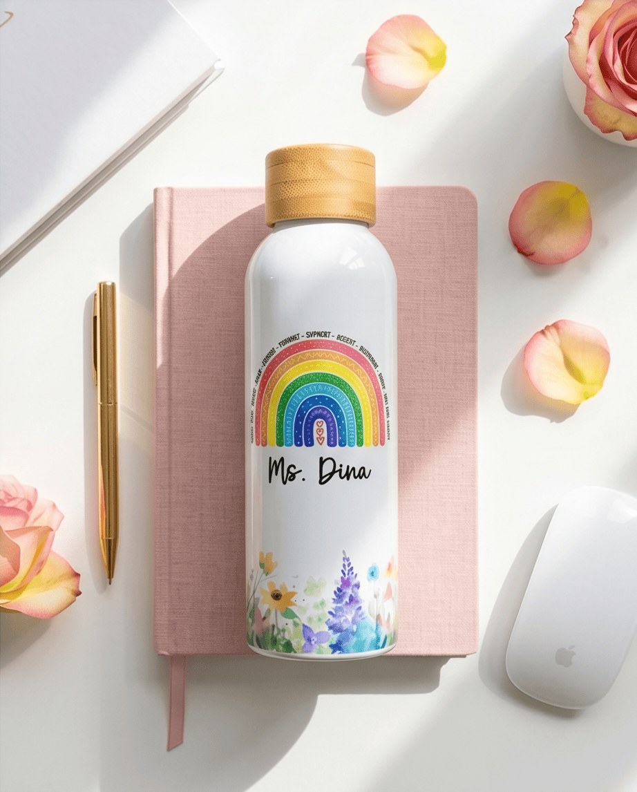 SFArtcreations Drinkware White / Floral Rainbow Personalized Teacher Bottle with Bamboo lid - 500 ml
