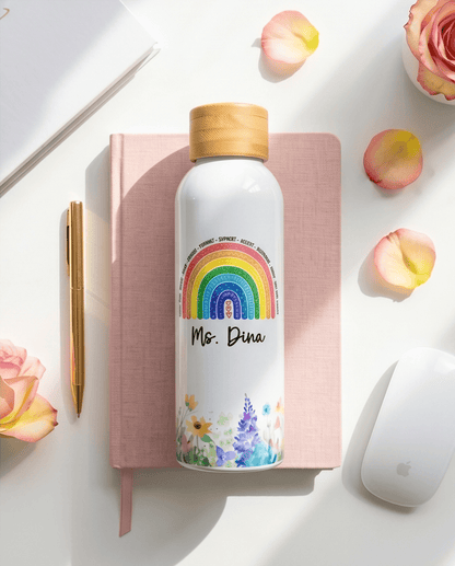 SFArtcreations Drinkware White / Floral Rainbow Personalized Teacher Bottle with Bamboo lid - 500 ml