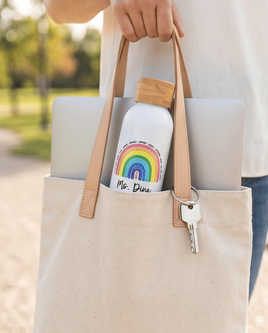 SFArtcreations Drinkware White / Floral Rainbow Personalized Teacher Bottle with Bamboo lid - 500 ml