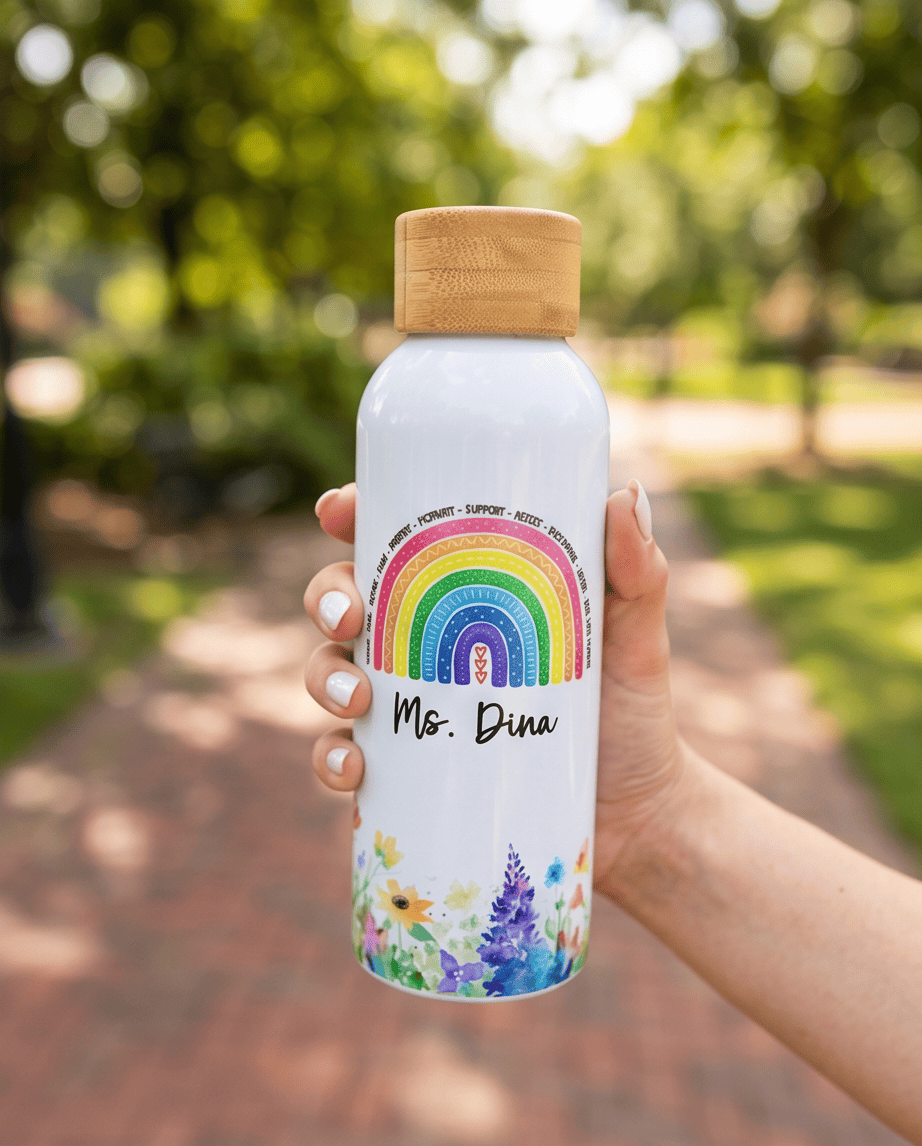 SFArtcreations Drinkware White / Floral Rainbow Personalized Teacher Bottle with Bamboo lid - 500 ml