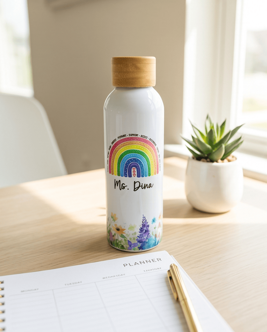 SFArtcreations Drinkware White / Floral Rainbow Personalized Teacher Bottle with Bamboo lid - 500 ml