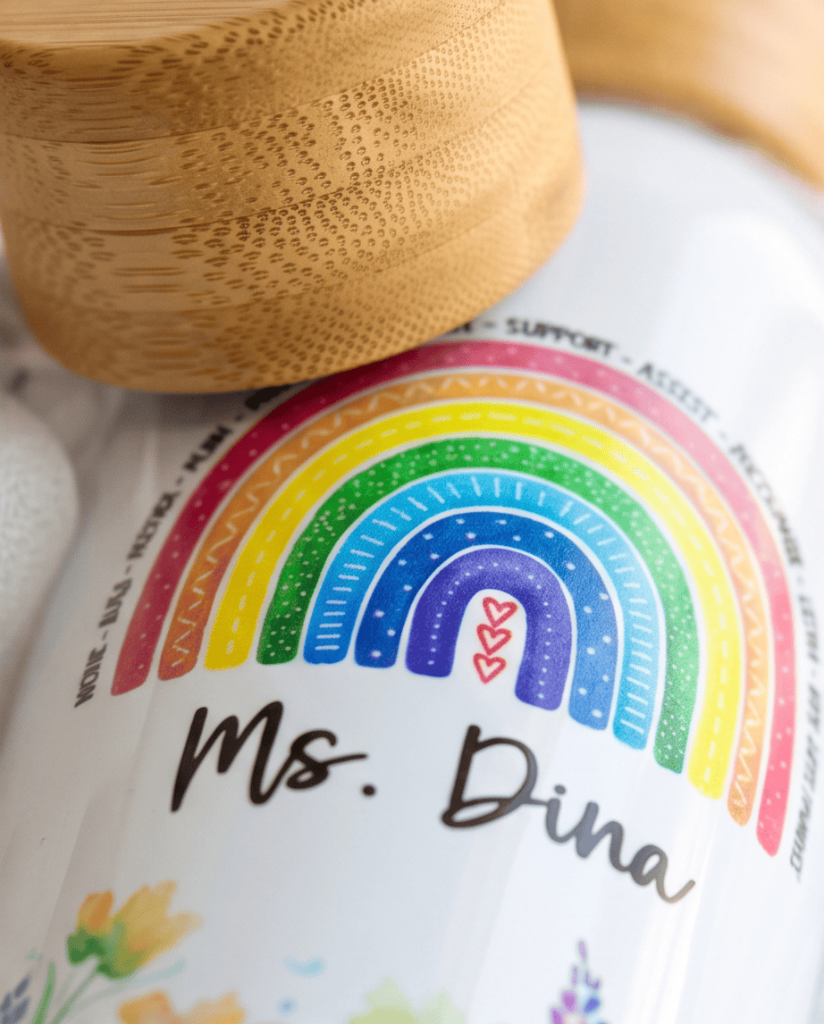 SFArtcreations Drinkware White / Floral Rainbow Personalized Teacher Bottle with Bamboo lid - 500 ml
