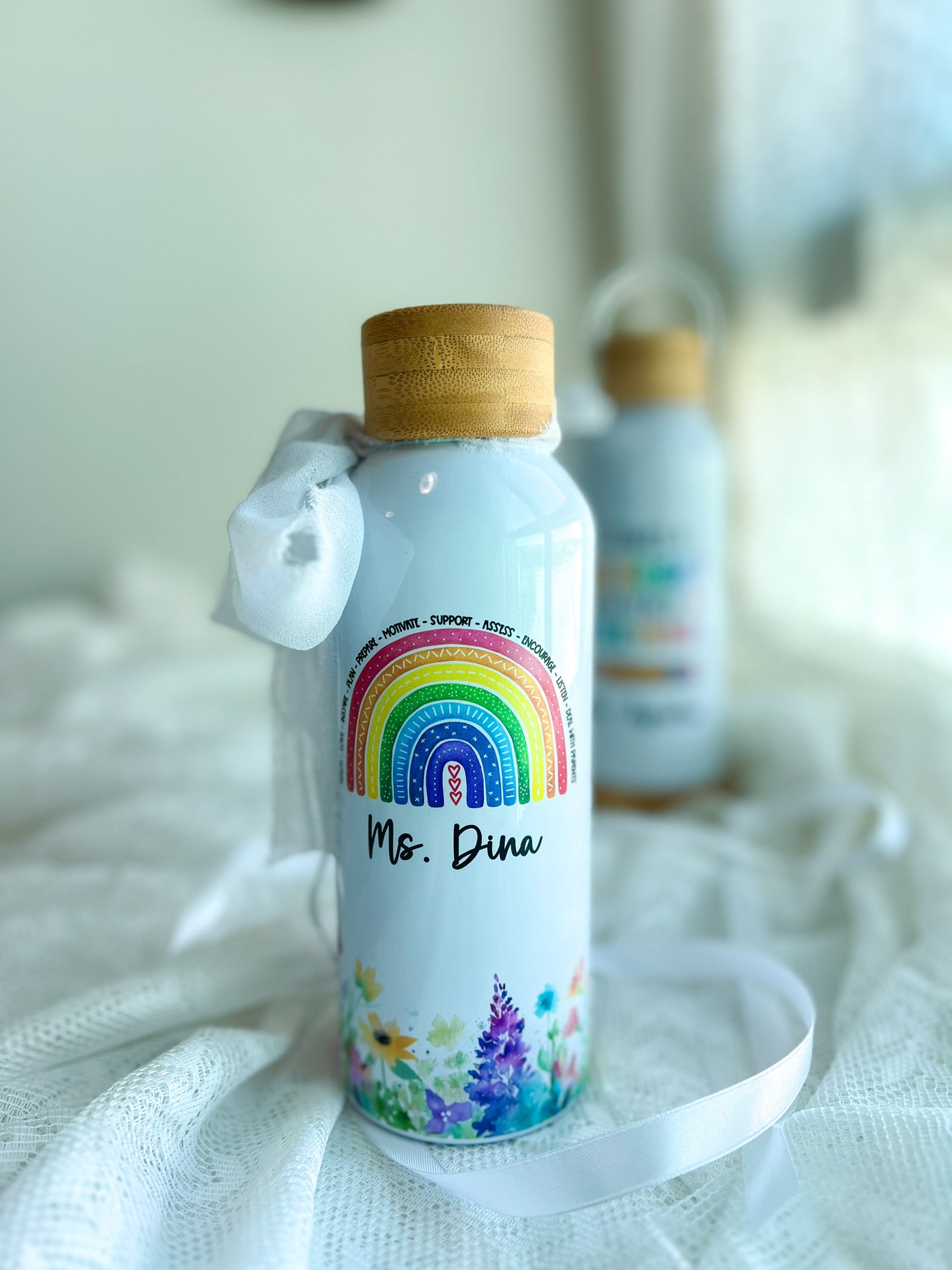 SFArtcreations Drinkware White / Floral Rainbow Personalized Teacher Bottle with Bamboo lid - Floral Rainbow - Best Seller (Copy)