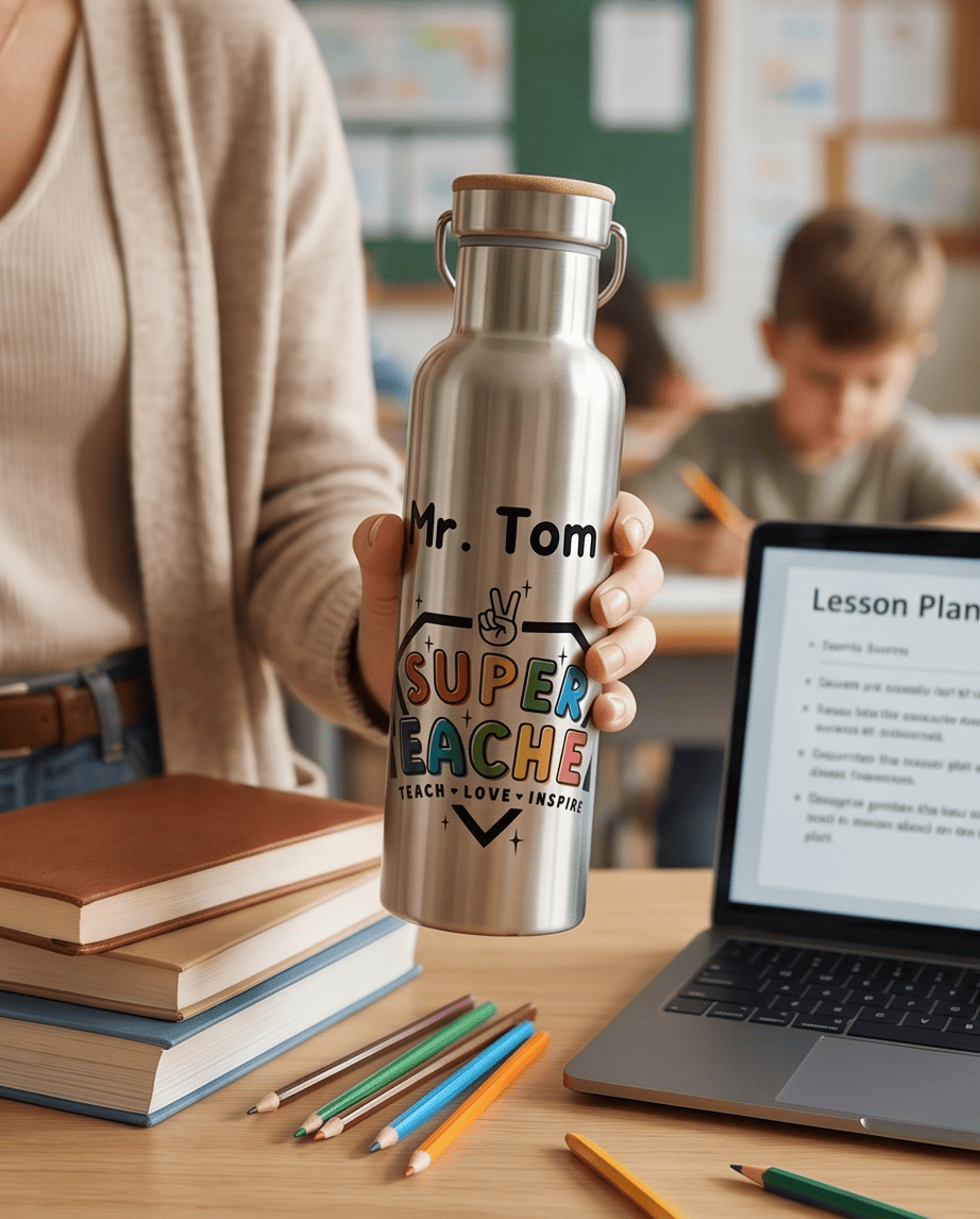 SFArtcreations Drinkware Personalized Teacher Bottle with Bamboo lid - Super Teacher - 600 ml