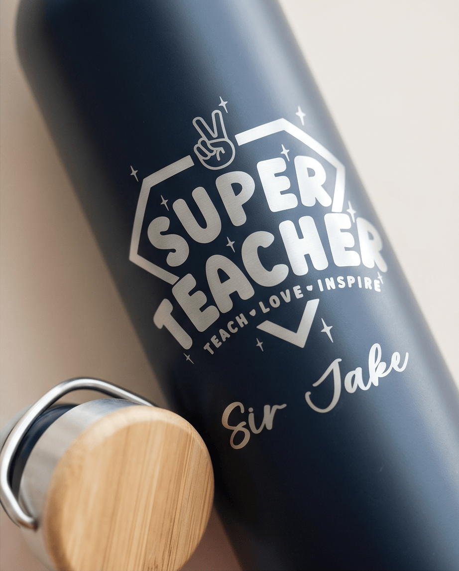 SFArtcreations Drinkware Super Teacher (Engraved) Personalized Teacher Bottle with Bamboo lid - Teacher & Positive words - 600 ml