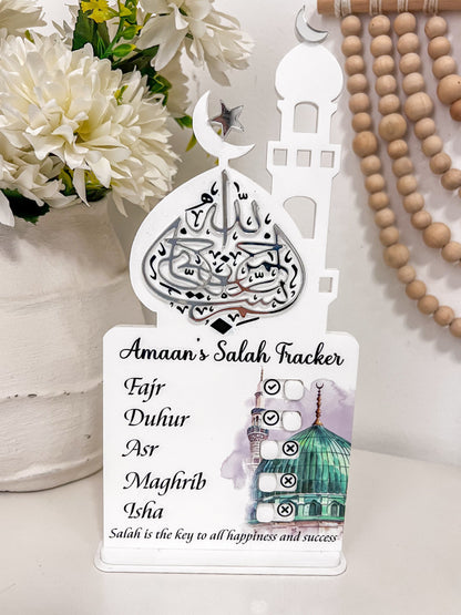 SFArtcreations Educational Flash Cards Double name tracker (Name - Verticle Style) / Acrylic - Masjid Nabawi (UV Printed) Salah Tracker - Best Seller