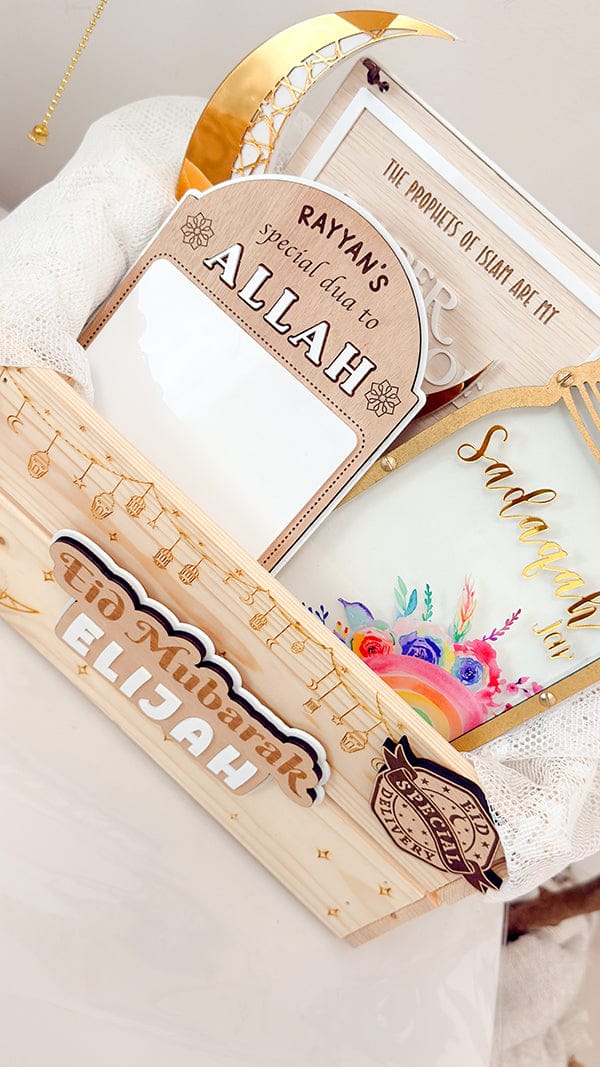 SFArtcreations Gift Giving Personalized Wooden Crate - Ramadan & Eid in Vintage Style