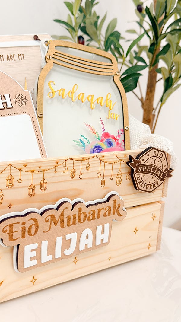 SFArtcreations Gift Giving Personalized Wooden Crate - Ramadan & Eid in Vintage Style