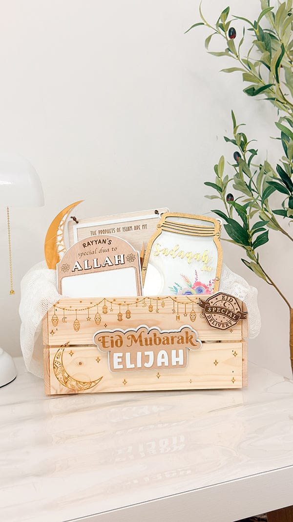 SFArtcreations Gift Giving Personalized Wooden Crate - Ramadan & Eid in Vintage Style