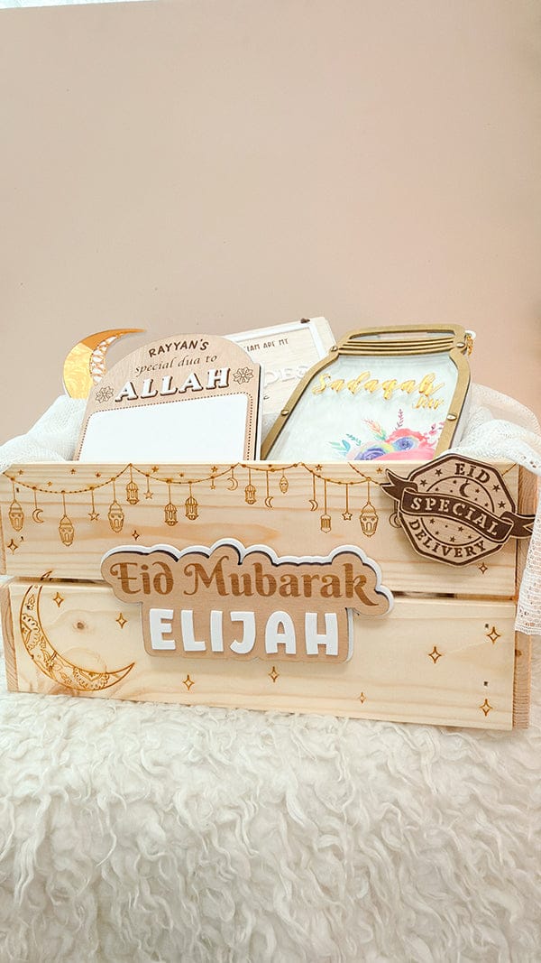 SFArtcreations Gift Giving Personalized Wooden Crate - Ramadan & Eid in Vintage Style