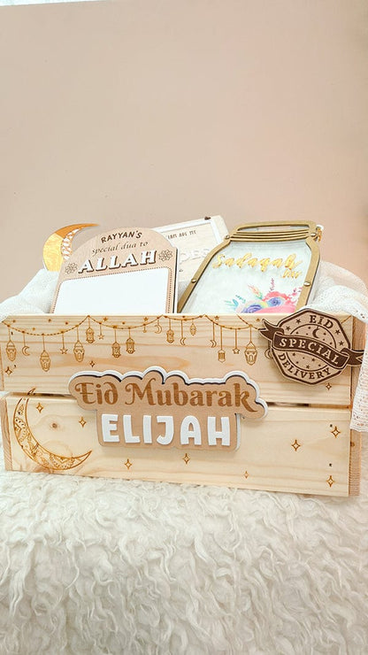 SFArtcreations Gift Giving Personalized Wooden Crate - Ramadan & Eid in Vintage Style