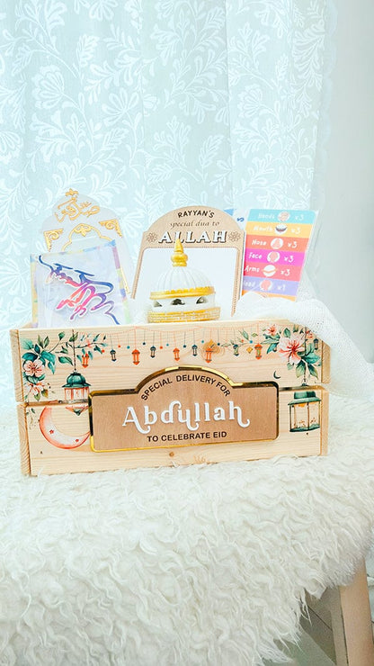 SFArtcreations  Gift Giving Personalized Wooden Crate - Ramadan & Eid with Banner Style Plaque