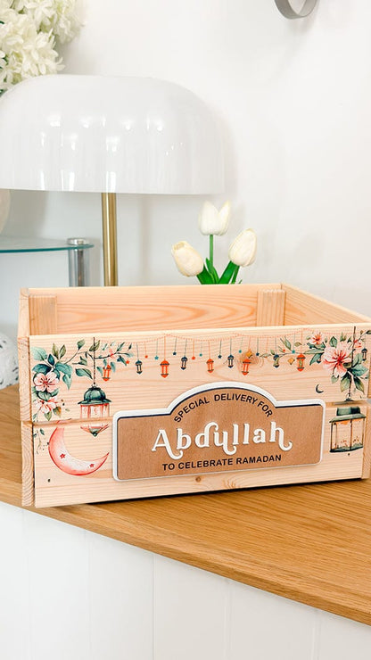 SFArtcreations  Gift Giving Personalized Wooden Crate - Ramadan & Eid with Banner Style Plaque