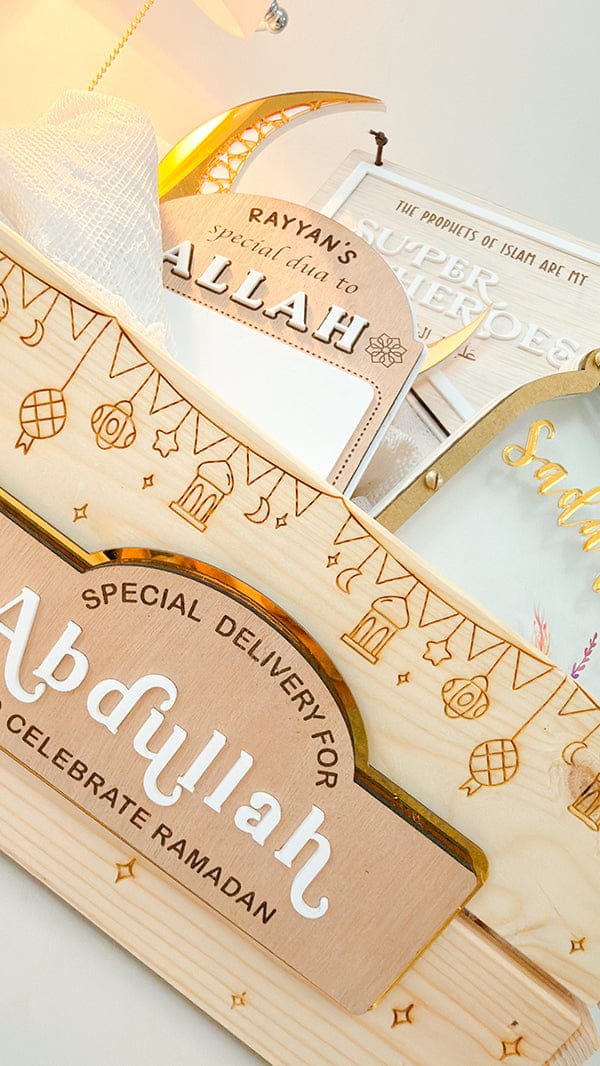 SFArtcreations  Gift Giving Personalized Wooden Crate - Ramadan & Eid with Banner Style Plaque