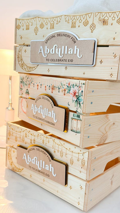 SFArtcreations  Gift Giving Personalized Wooden Crate - Ramadan & Eid with Banner Style Plaque