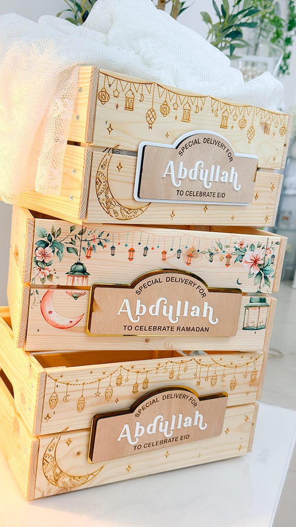 SFArtcreations  Gift Giving Personalized Wooden Crate - Ramadan & Eid with Banner Style Plaque