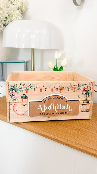 SFArtcreations  Gift Giving Ramadan / UV Printed - Blooming Night / White Name Plaque Personalized Wooden Crate - Ramadan & Eid with Banner Style Plaque
