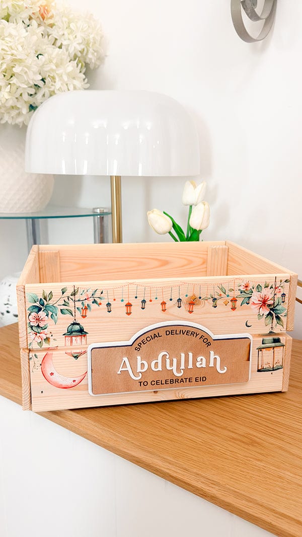 SFArtcreations  Gift Giving Eid / UV Printed - Blooming Night / White Name Plaque Personalized Wooden Crate - Ramadan & Eid with Banner Style Plaque