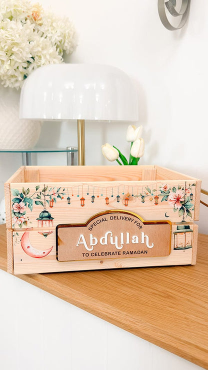 SFArtcreations  Gift Giving Ramadan / UV Printed - Blooming Night / Gold Name Plaque Personalized Wooden Crate - Ramadan & Eid with Banner Style Plaque