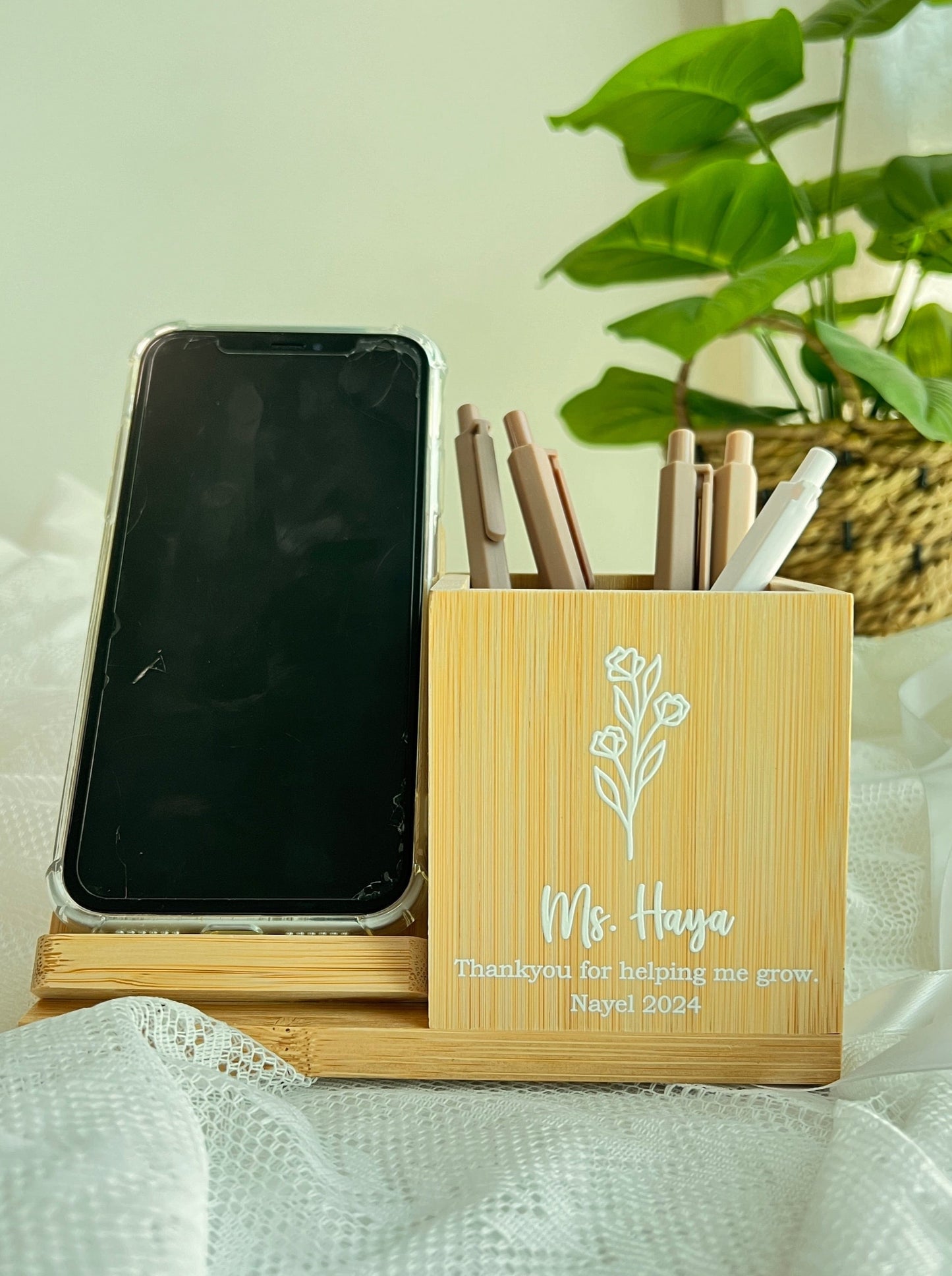 SFArtcreations Stationery 2024  Bamboo Pen Holder with 10W Wireless Charger