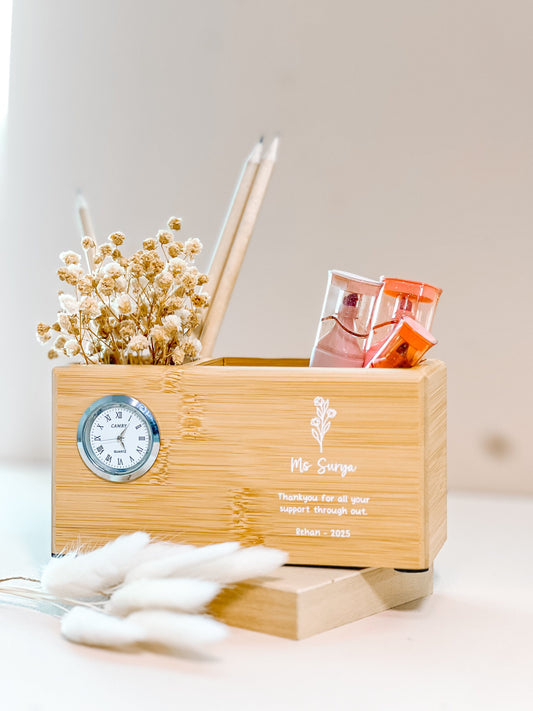 SFArtcreations Stationery Wooden Pen Holder with clock (2 section)