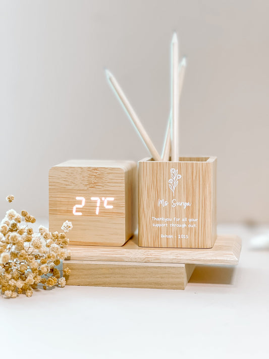 SFArtcreations Stationery Wooden Pen Holder with digital display