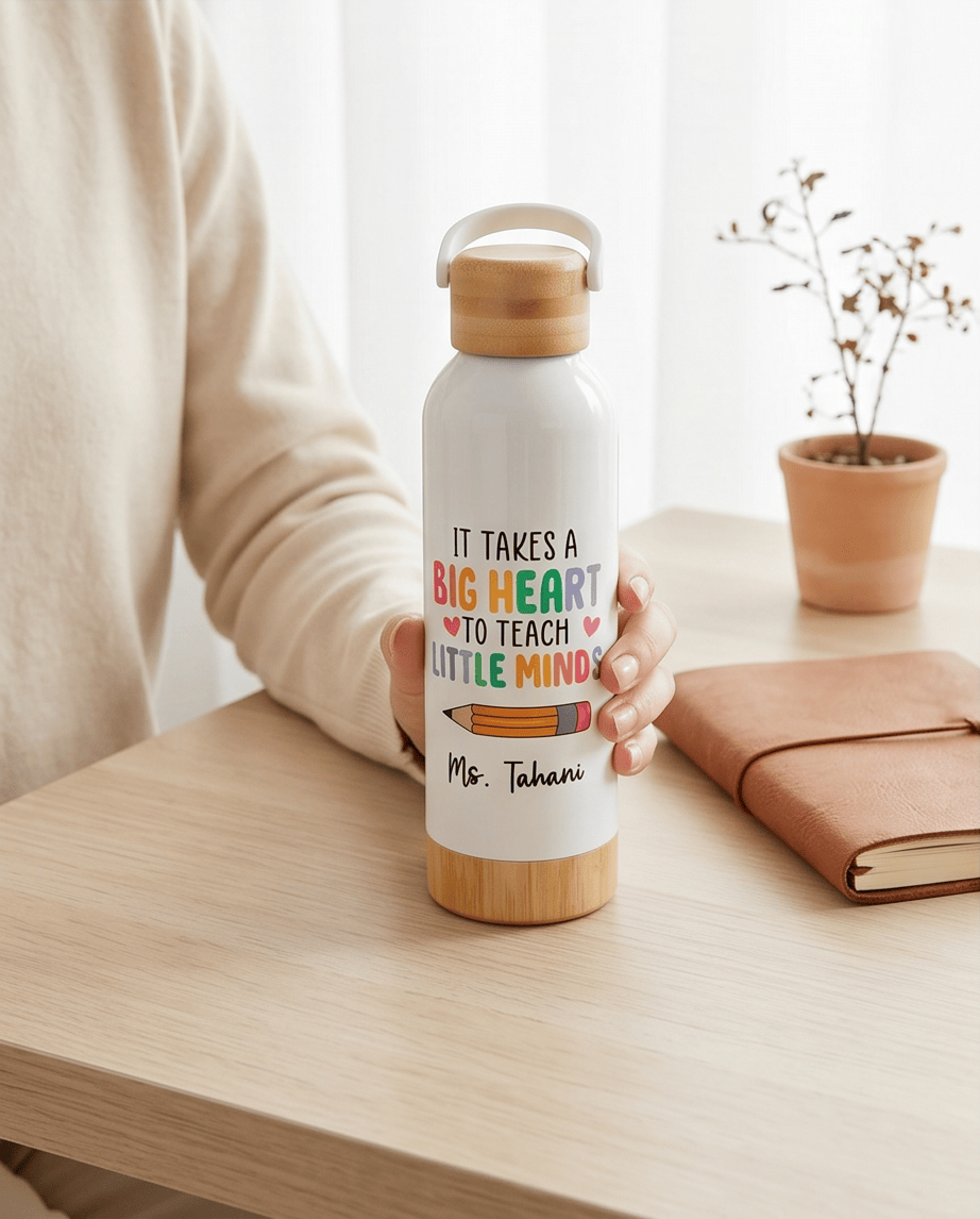 SFArtcreations Thankyou Teacher White / Big heart - Little minds Personalized Teacher Bottle with Bamboo lid & Handle - 550 ml