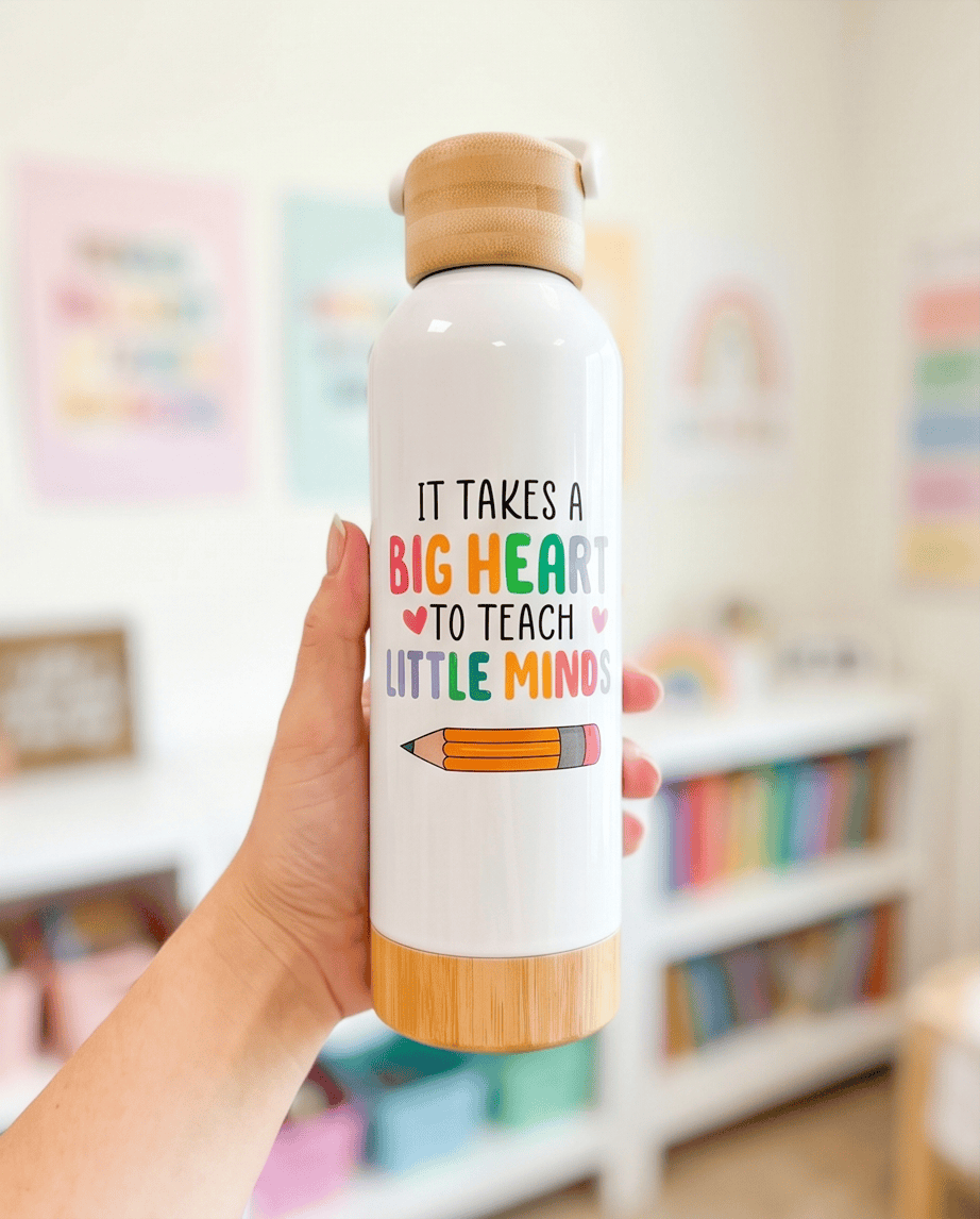 SFArtcreations Thankyou Teacher White / Big heart - Little minds Personalized Teacher Bottle with Bamboo lid & Handle - 550 ml