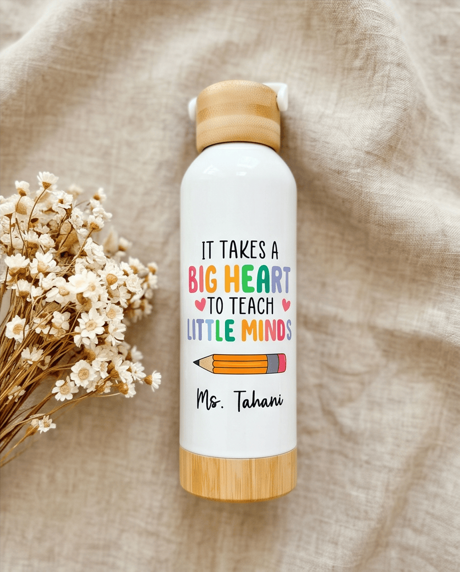 SFArtcreations Thankyou Teacher White / Big heart - Little minds Personalized Teacher Bottle with Bamboo lid & Handle - 550 ml