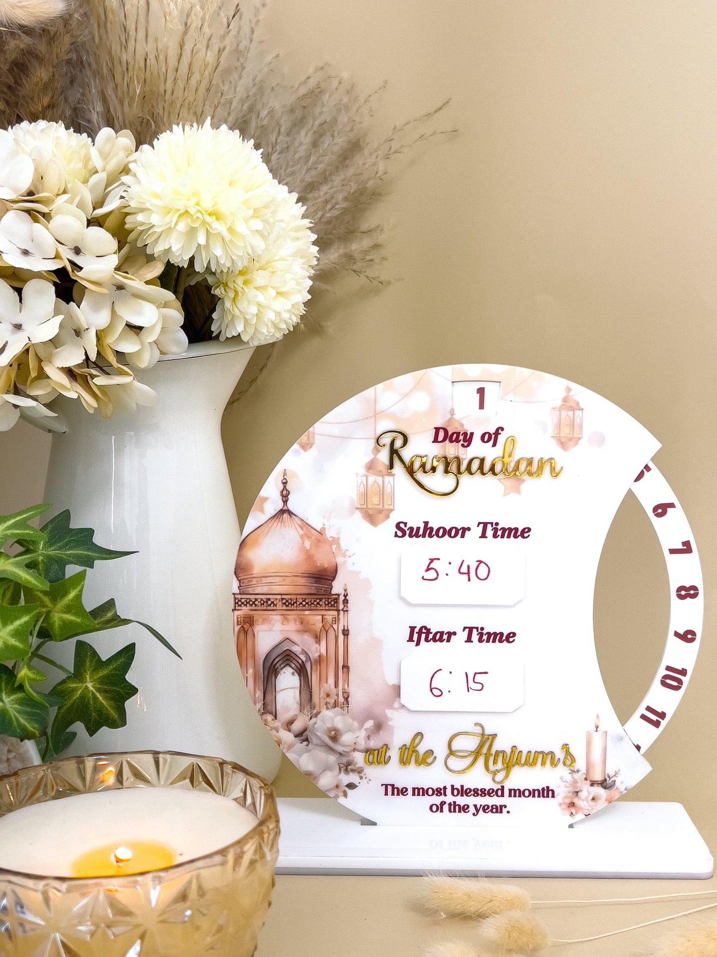 SFArtcreations wall decor White Mosque Personalized - Day of Ramadan Tracker with Suhur & Iftar Time