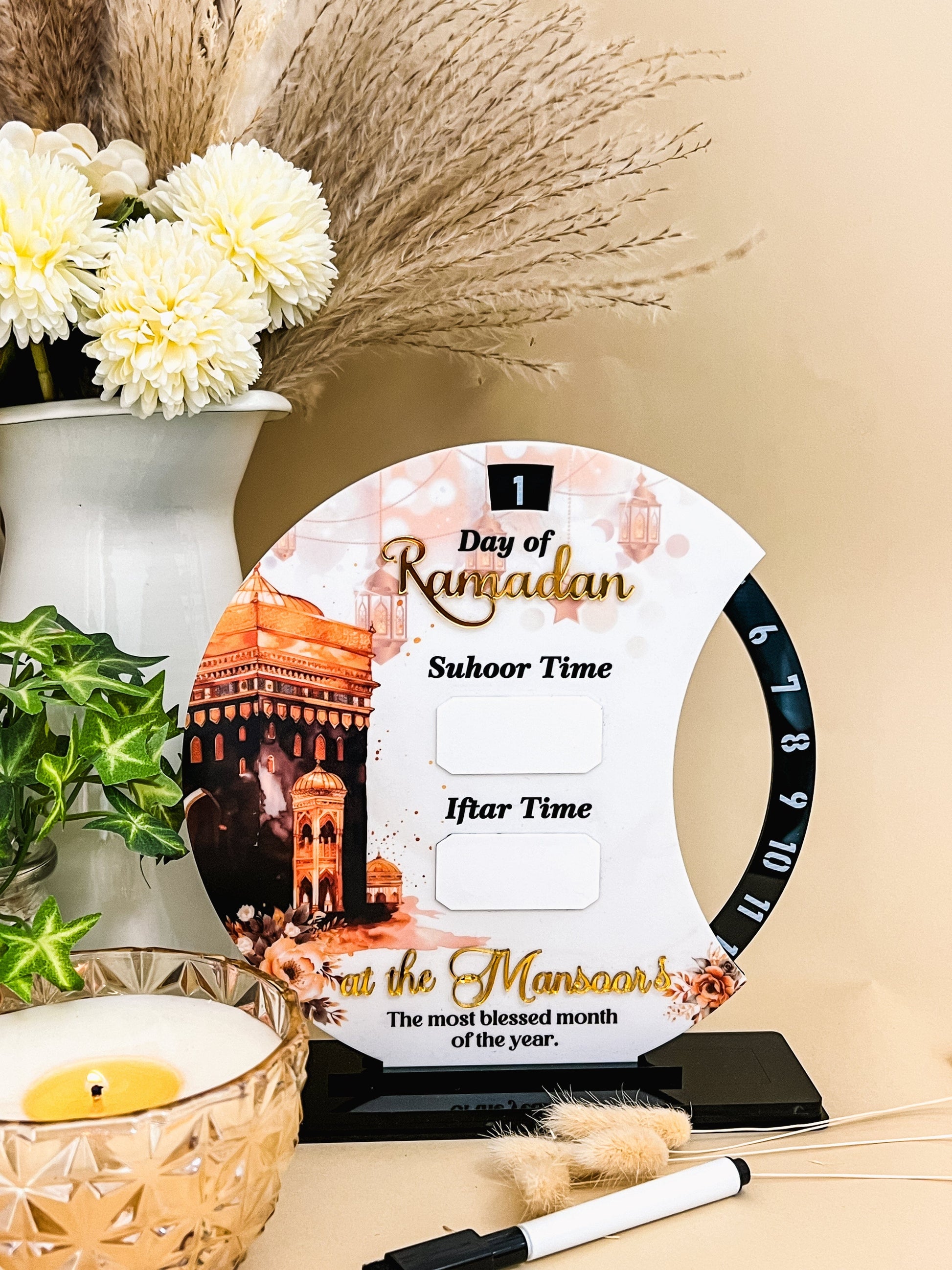 SFArtcreations wall decor Black Mosque Personalized - Day of Ramadan Tracker with Suhur & Iftar Time