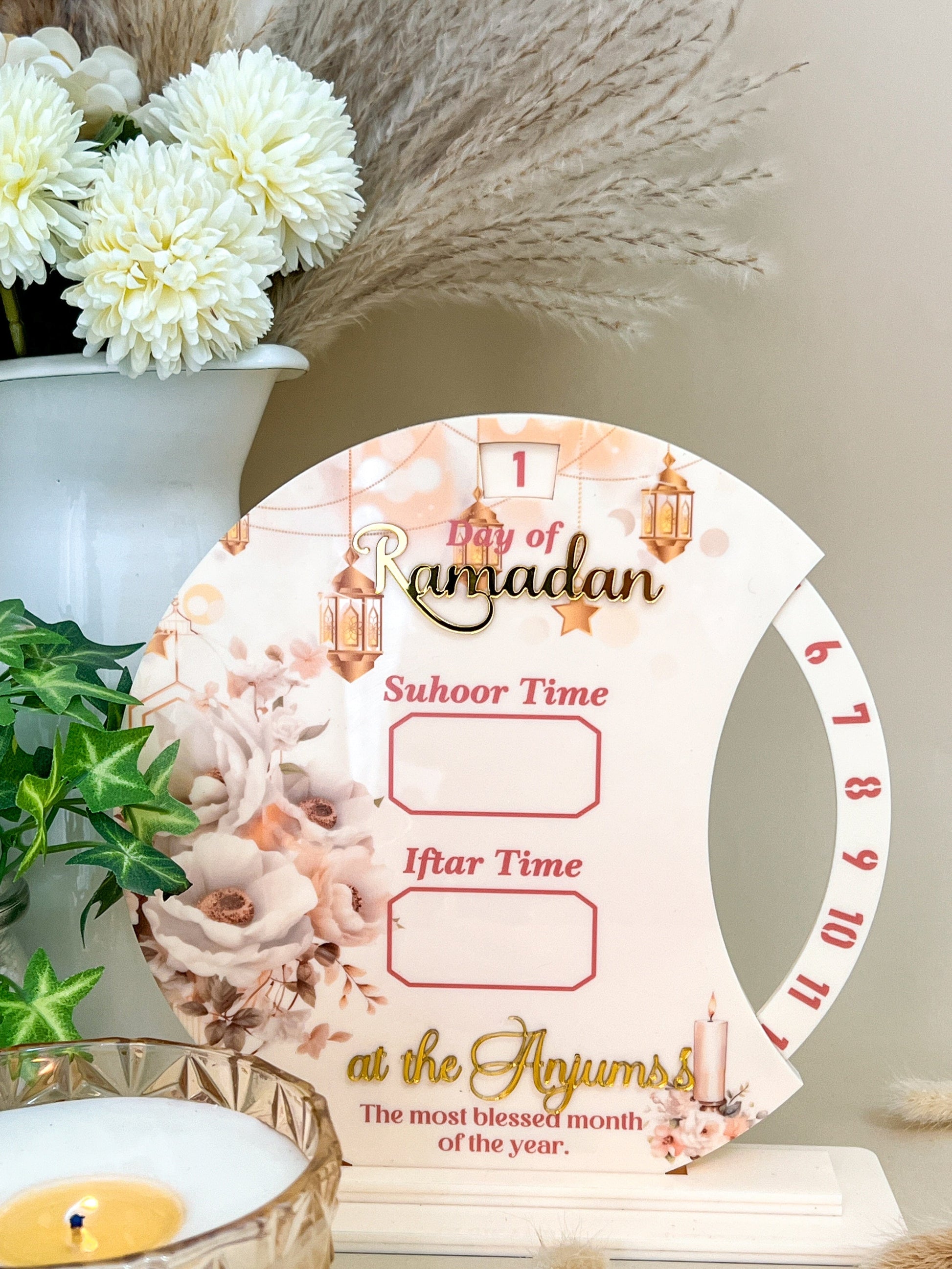 SFArtcreations wall decor Beige Flower Personalized - Day of Ramadan Tracker with Suhur & Iftar Time