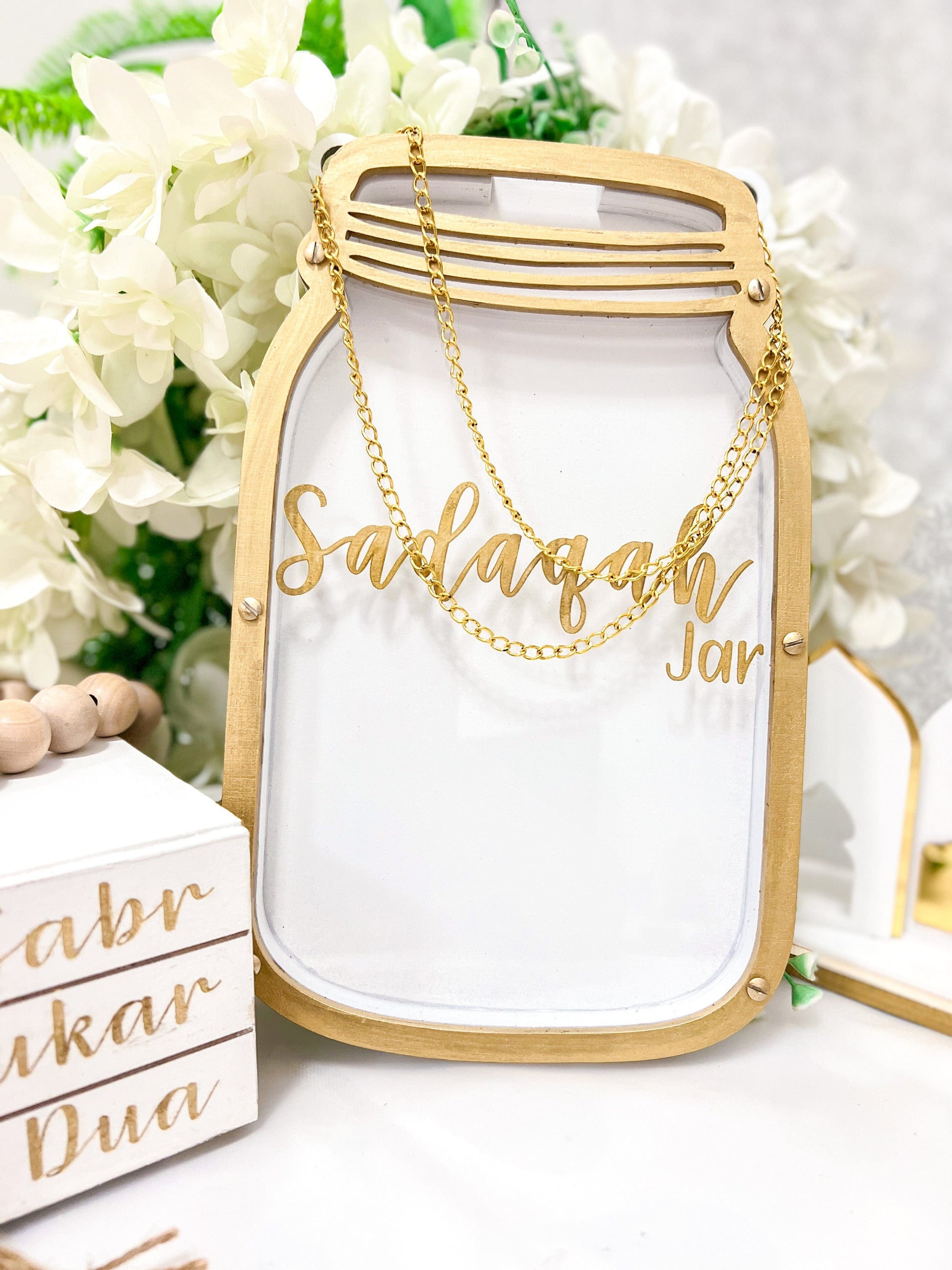 SFArtcreations Sadaqah Jar Large Jar with / Name/Family Name/ Quote/ Phrase / White/Gold SADAQAH JAR (Original Version)